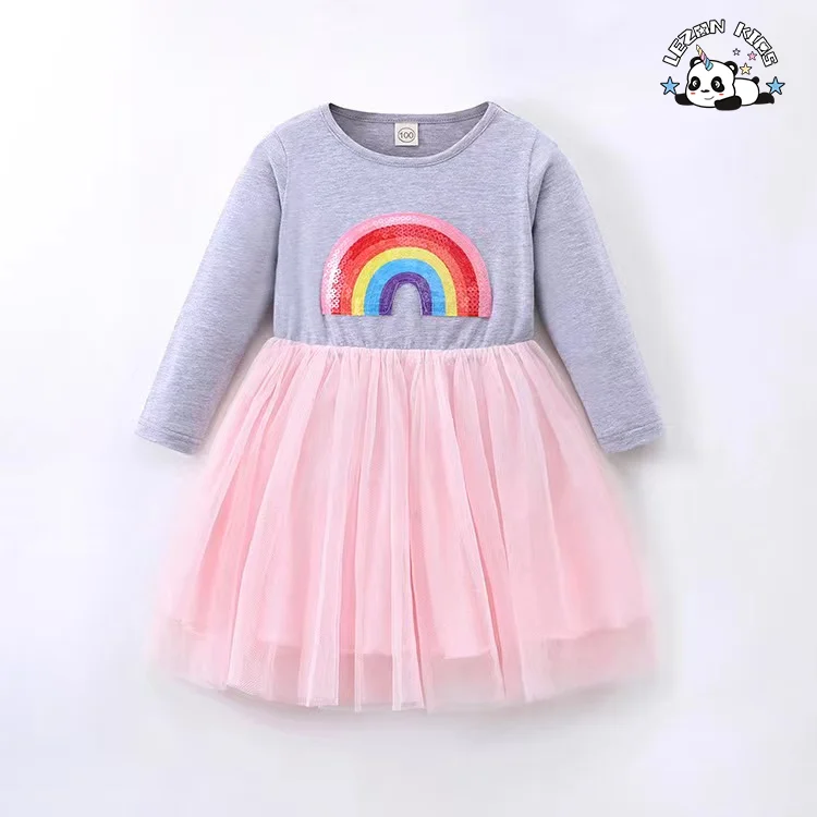 LEZONKIDS - Customization Acceptable Kids Rainbow Patchwork Girls Long Dresses for Autumn